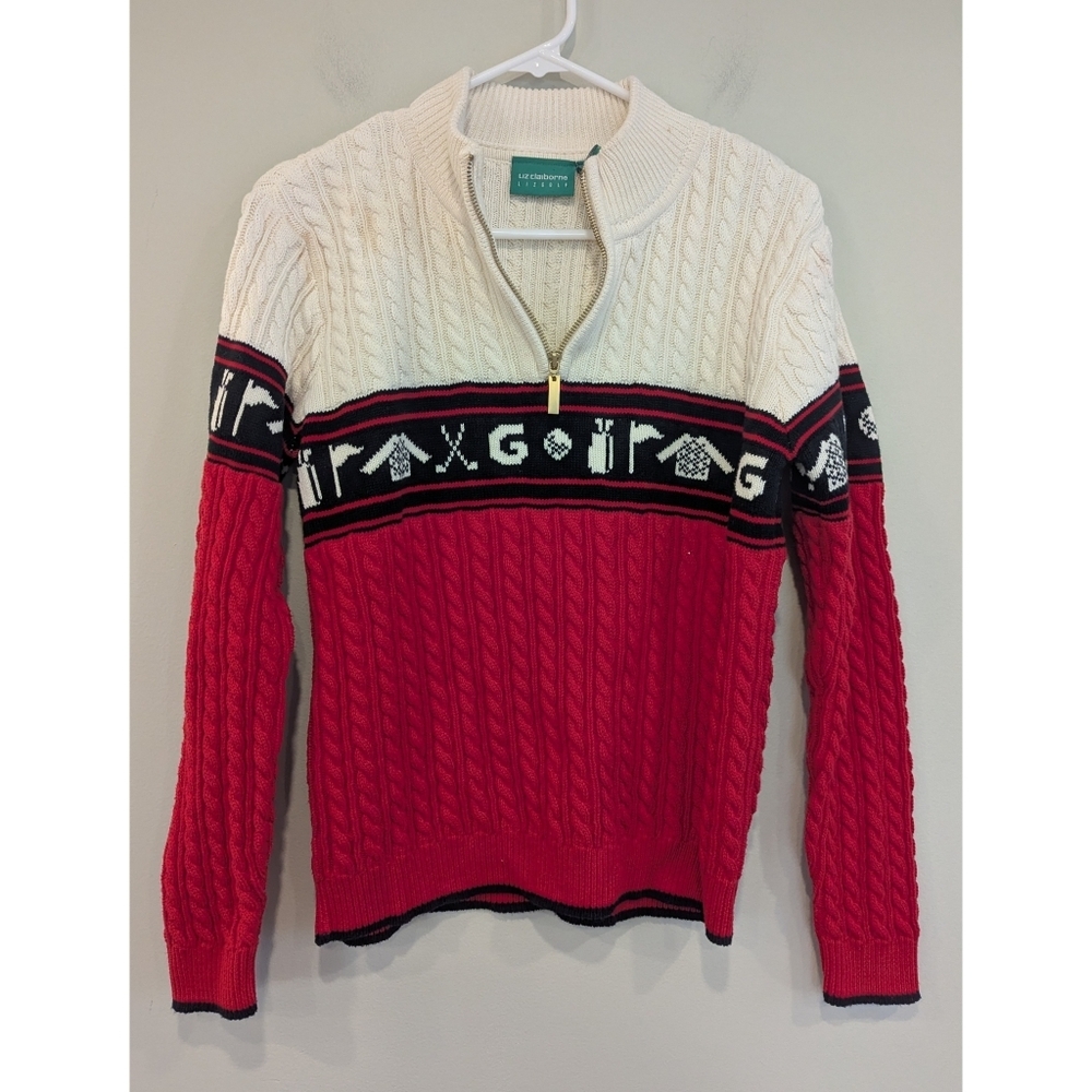 Liz Clairborne Liz Golf Cableknit Quarter Zip 100% Cotton Sweater Size Small